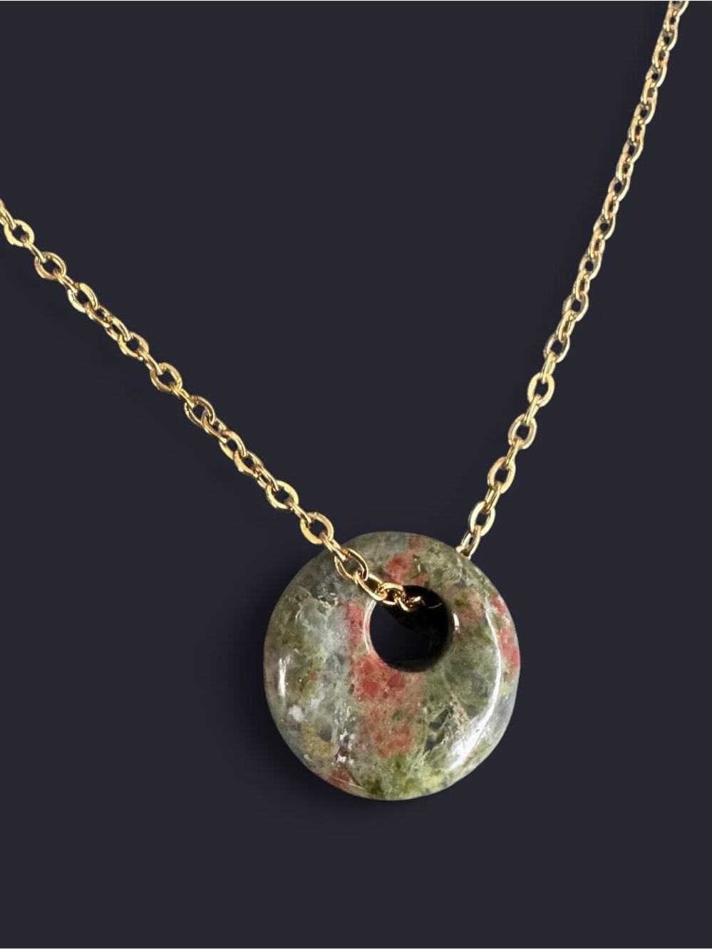 Unakite Donut Pendant Gold Necklace